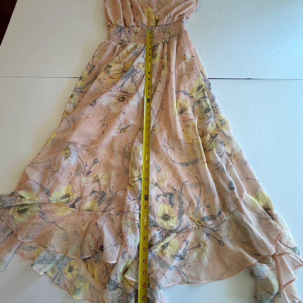 H&M Peach Floral Chiffon Maxi Dress Smocked Waist High Low Hem Pink Yellow US 2 - Picture 5 of 8